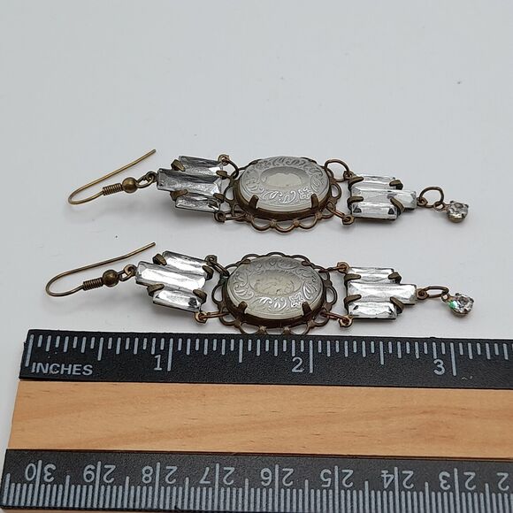 Art Deco Vauxhall Glass Reverse Carved Earrings , 3 1/2 In - Picture 8 of 12